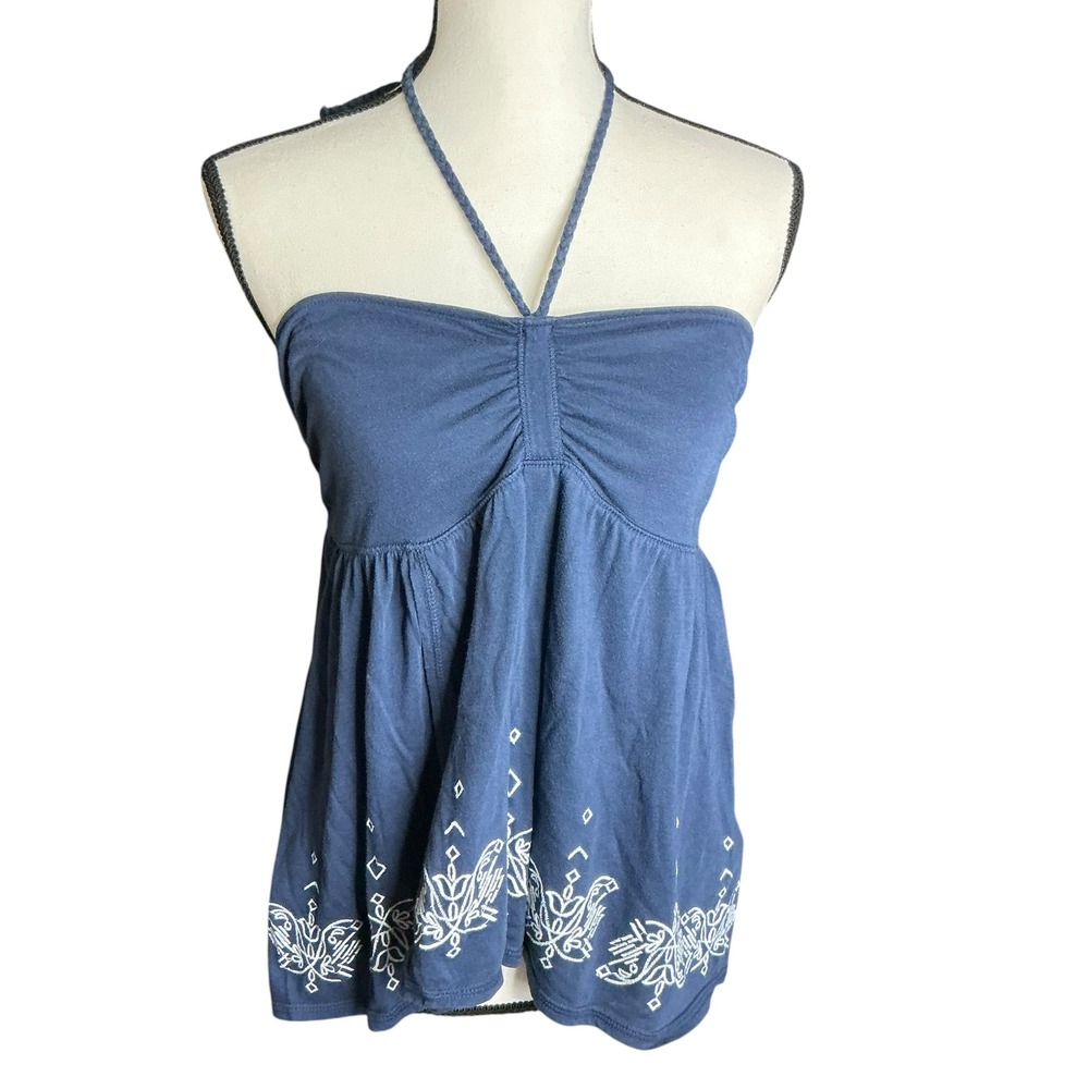 SO Blue Halter Top Women XL Embroidered Smocked Boho S283